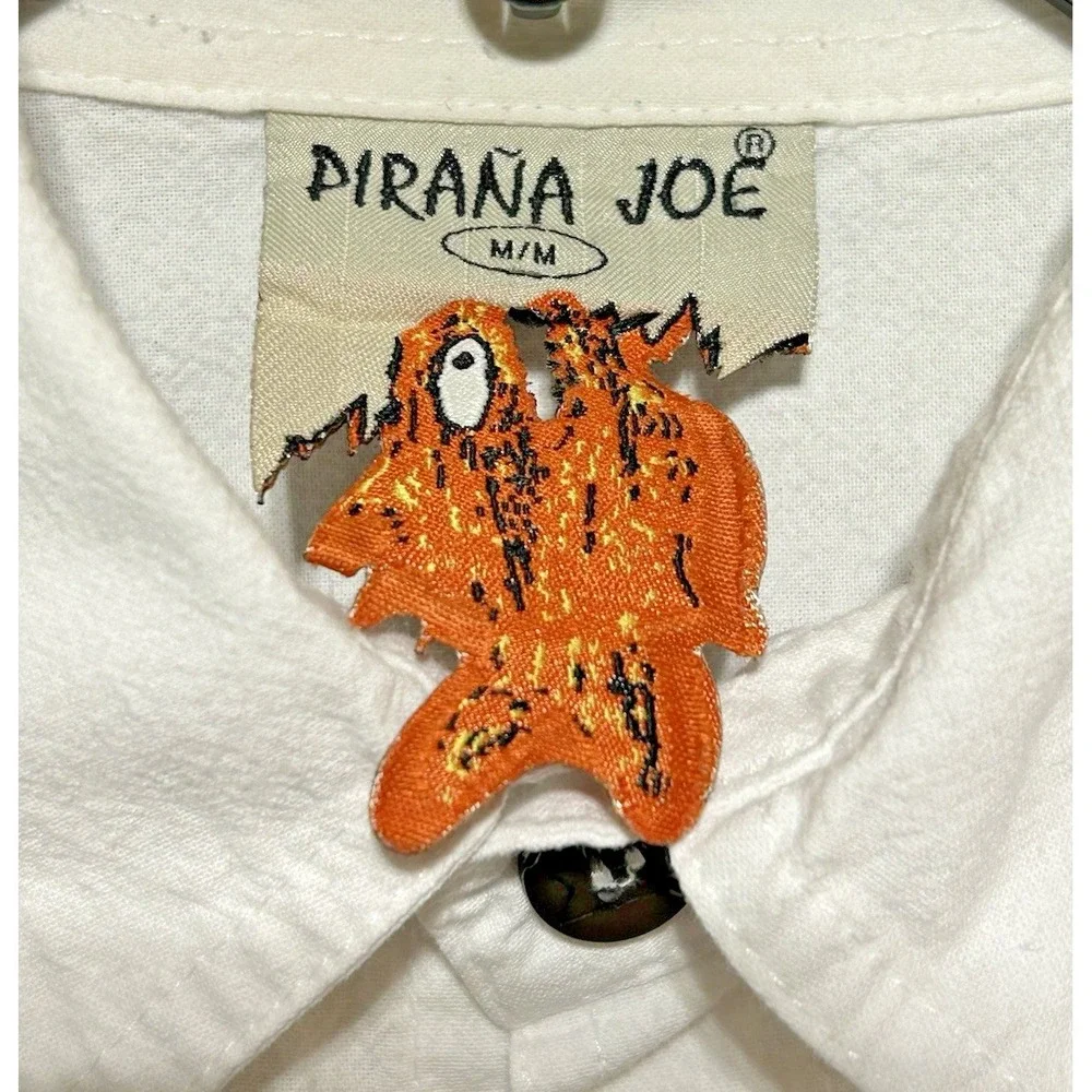 Vintage Pirana Joe Hawaiian Shirt Belize‎ Men M White Button Up Graphic Beach